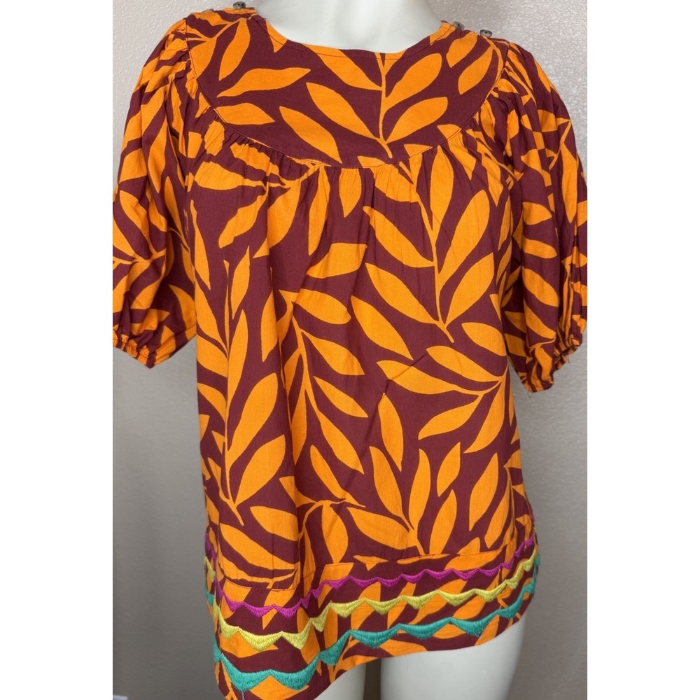 Ivy Jane Women's Small Orange Burgundy Leaf Print Peasant Top Embroidered Boho